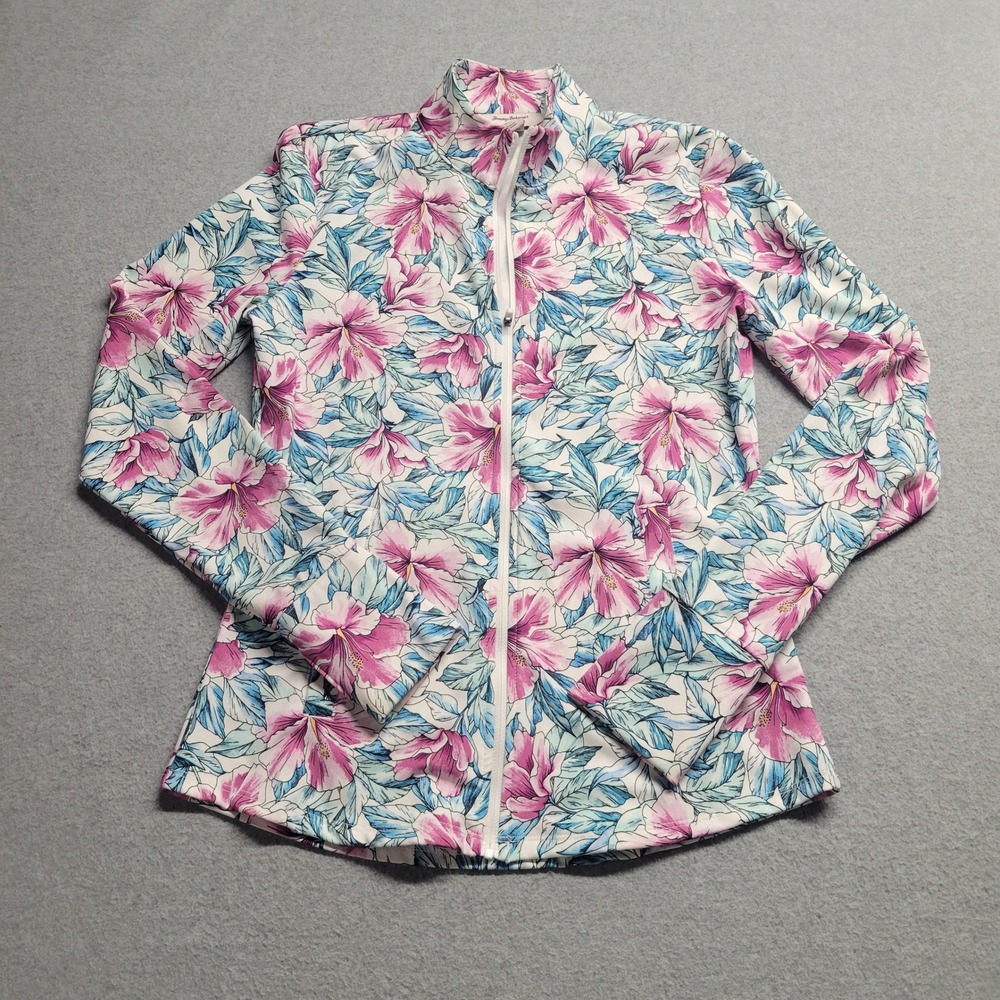 Tommy Bahama Active Womens Small Pink Floral Hibiscus Full Zip Jacket Thumbholes